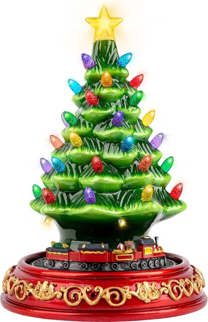 Musical Lighted Ceramic Christmas Tree with Rotating Train 10.5"